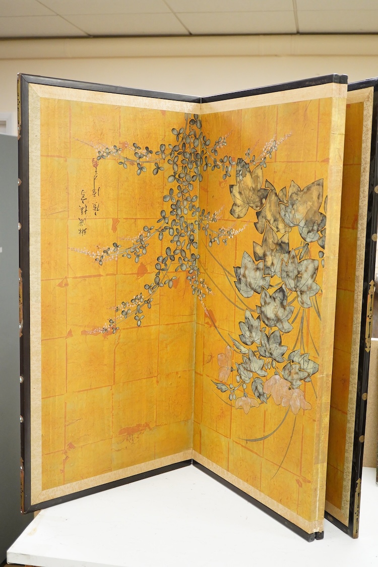 A 20th century Japanese four fold screen, each panel 91 x 46cm
